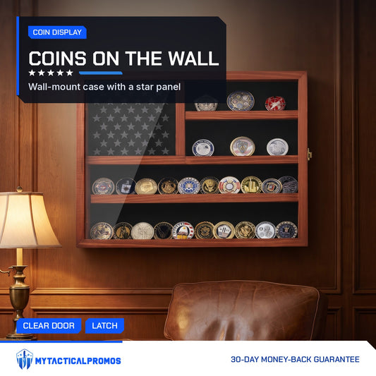 American Flag Challenge Coin Display Case on a den wall