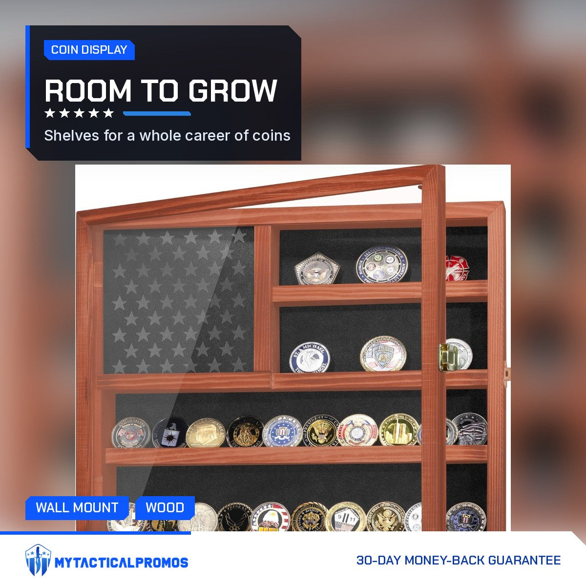 American Flag Challenge Coin Display Case with the door open and shelves full of coins