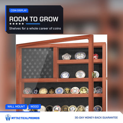 American Flag Challenge Coin Display Case with the door open and shelves full of coins