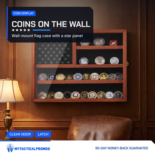 American Flag Challenge Coin Display Case on a den wall, full of coins