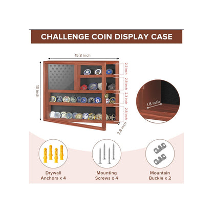 American Flag Challenge Coin Display Case size chart: about 15.8 x 13 inches, with mounting hardware