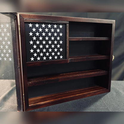 American Flag Challenge Coin Display Case with the door open, empty shelves