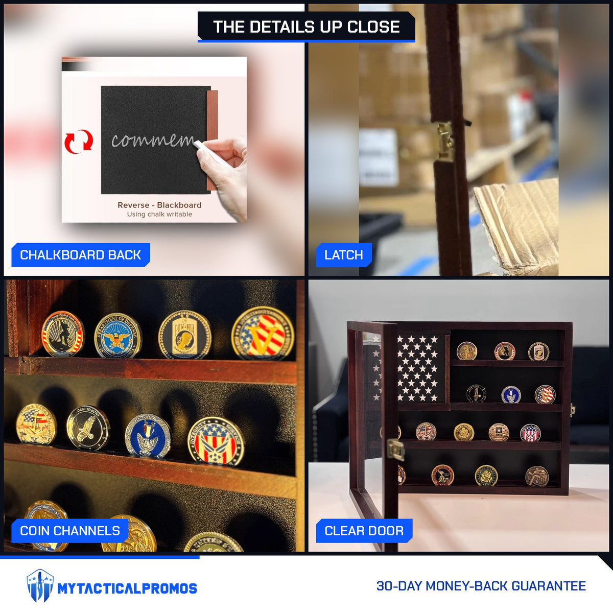 American Flag Challenge Coin Display Case close-ups: sliding star panel with chalkboard back, gold-tone latch, coin channels, clear door