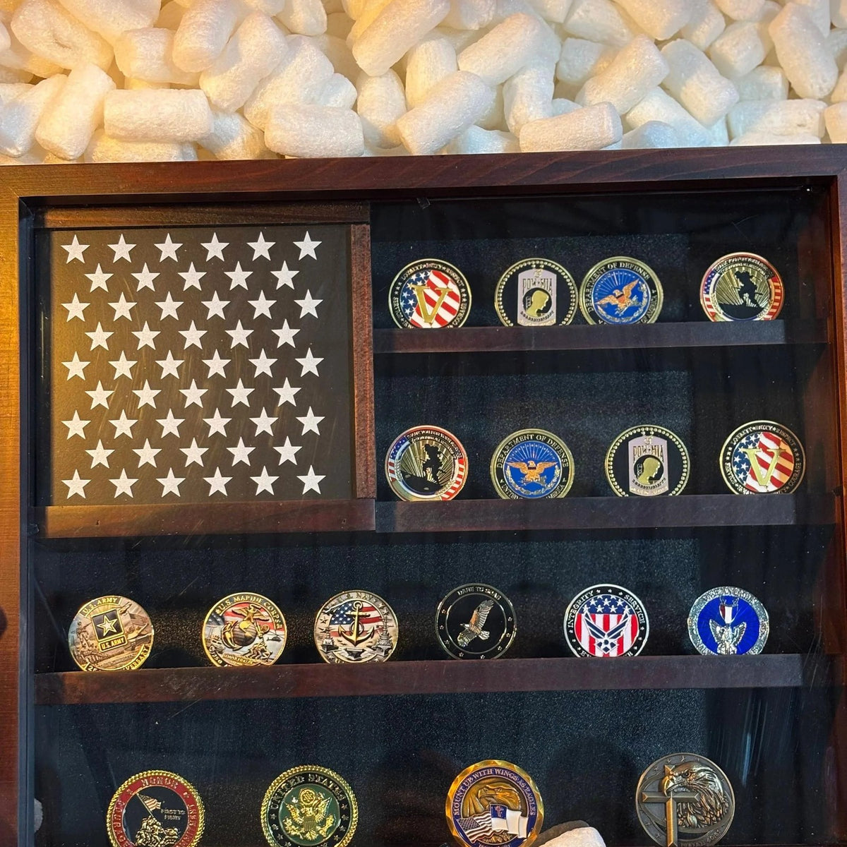 American Flag Challenge Coin Display Case filled with challenge coins