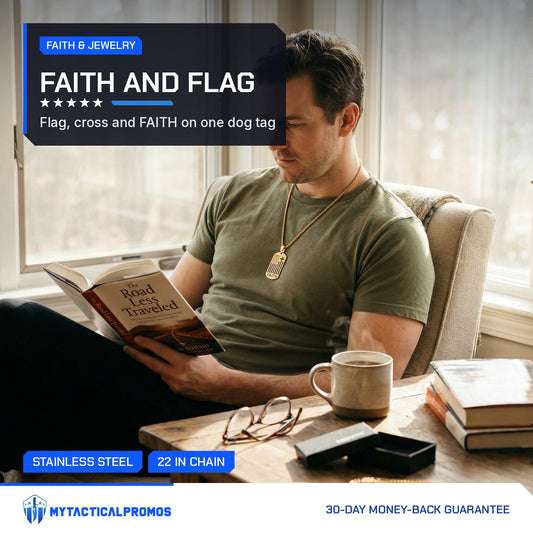 American Flag Cross Necklace worn by a man reading at home