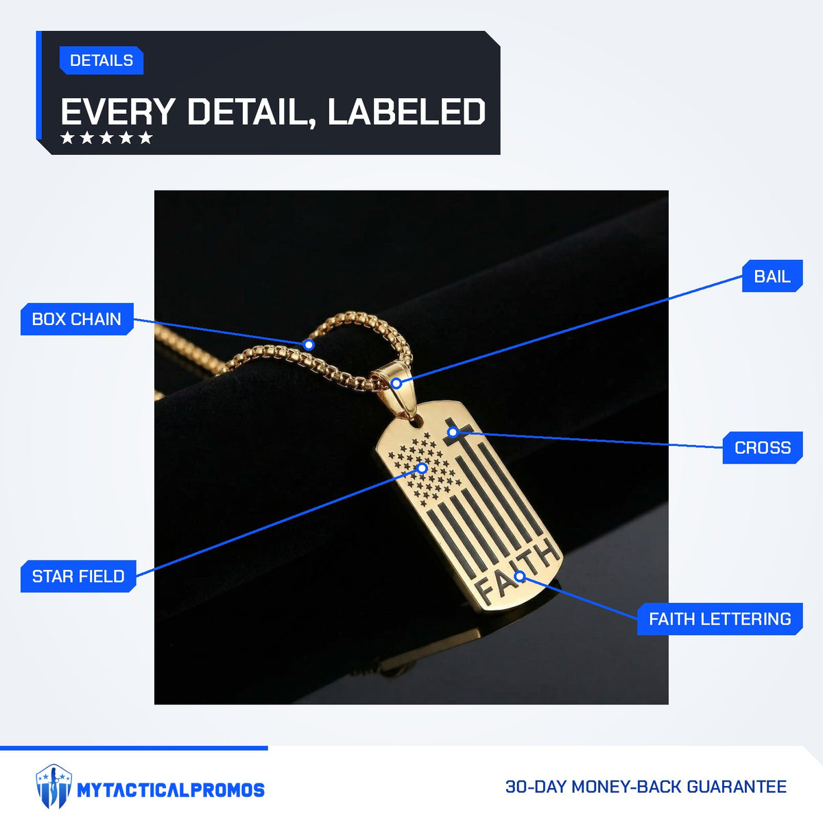 American Flag Cross Necklace features labeled: box chain, star field, bail, cross, FAITH lettering