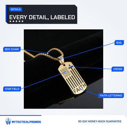 American Flag Cross Necklace features labeled: box chain, star field, bail, cross, FAITH lettering