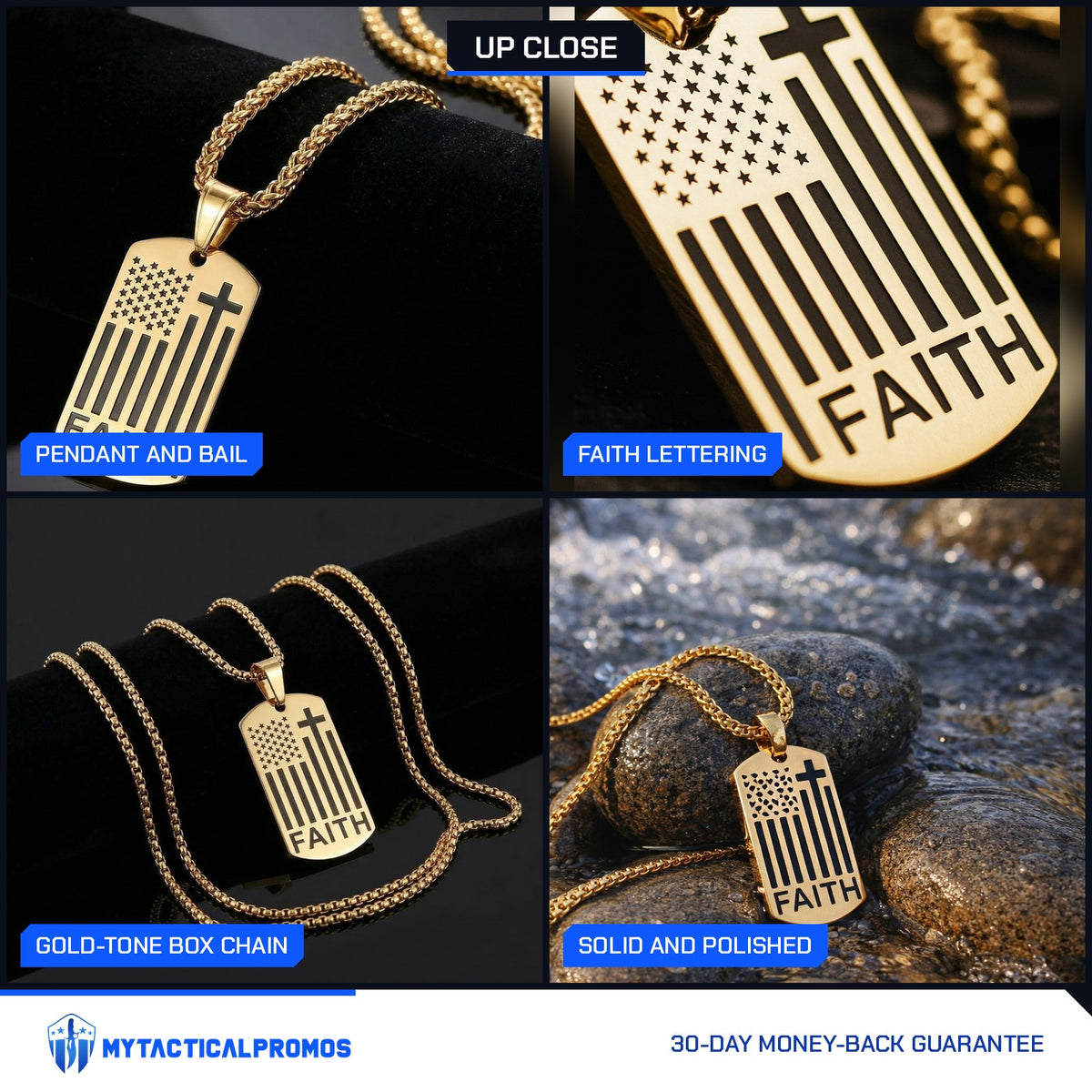American Flag Cross Necklace close-ups: pendant and bail, FAITH lettering, gold-tone box chain, pendant on stone