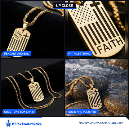 American Flag Cross Necklace close-ups: pendant and bail, FAITH lettering, gold-tone box chain, pendant on stone