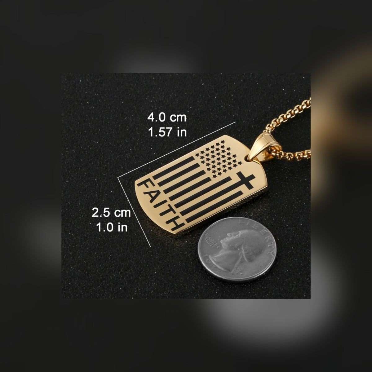American Flag Cross Necklace pendant size: 4.0 x 2.5 cm (1.57 x 1.0 in), shown next to a coin