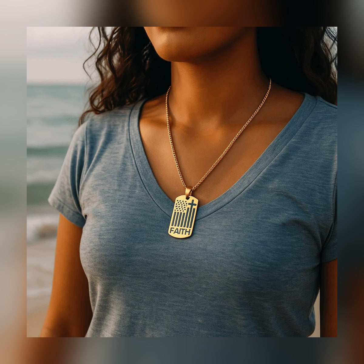 Woman wearing the American Flag Cross Necklace at the beach