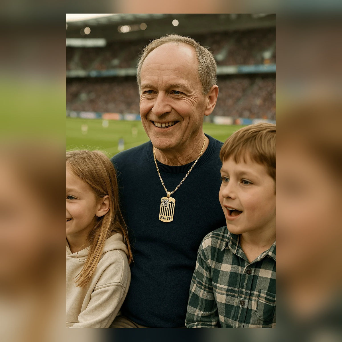 Grandfather wearing the American Flag Cross Necklace with his grandchildren at a ballgame