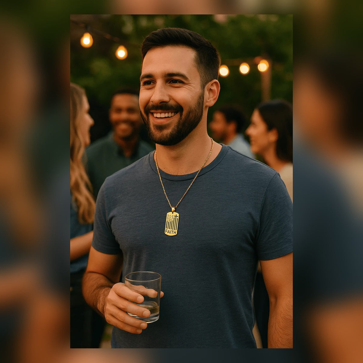 Man wearing the American Flag Cross Necklace at an evening backyard party