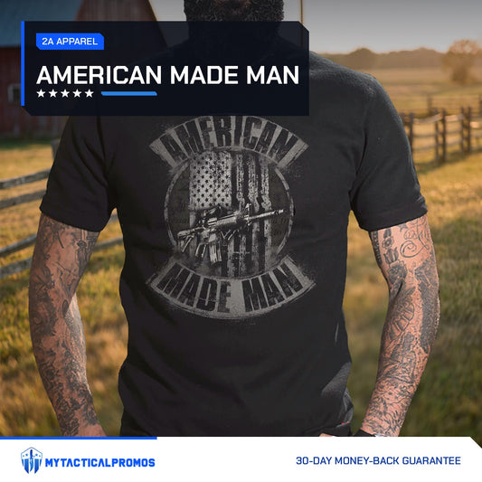 American Made Man T-Shirt worn by a man in front of a ranch fence at sunset