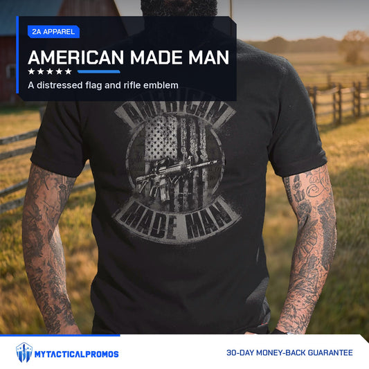 American Made Man T-Shirt worn by a man by a ranch fence at golden hour