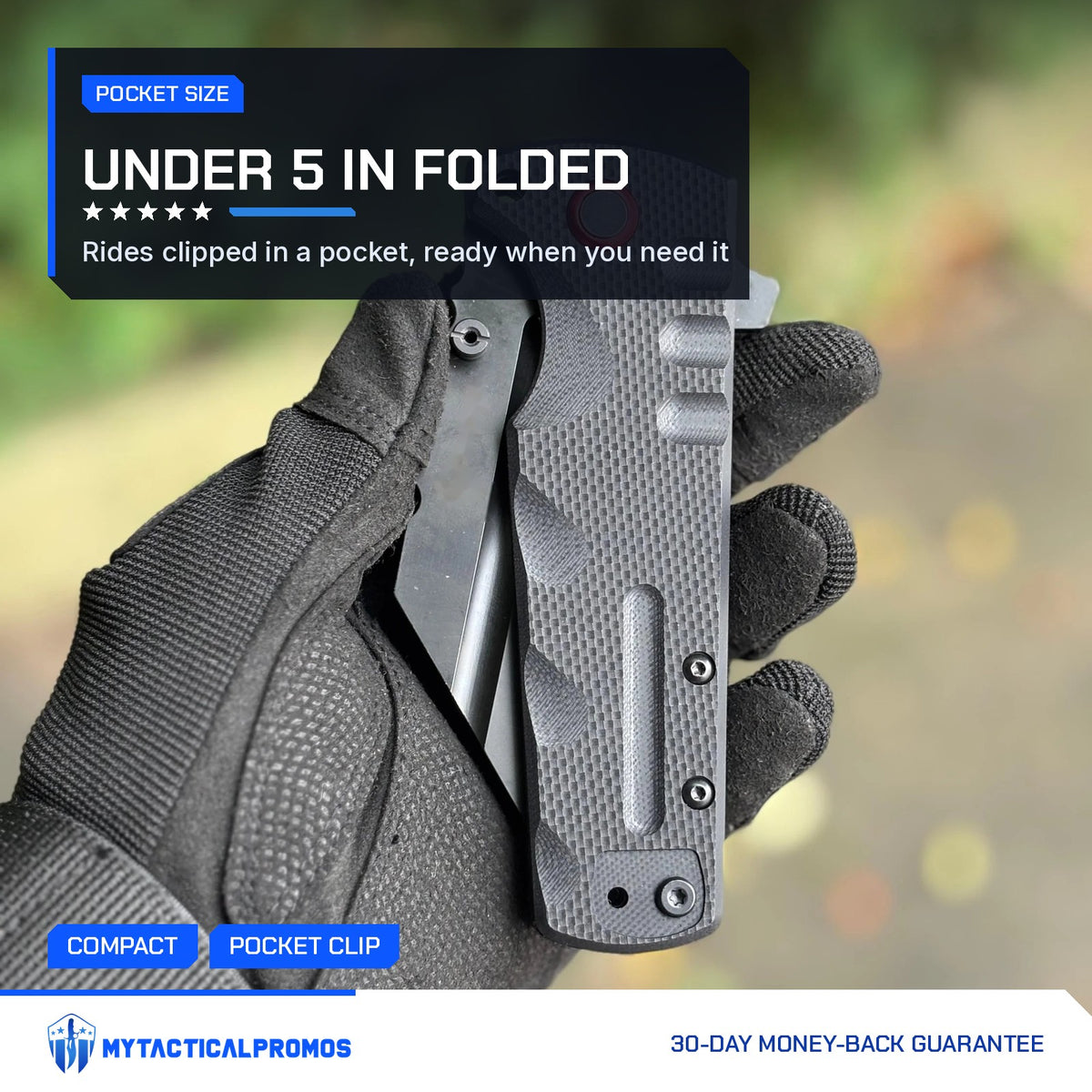 Black Vantage Knife folded in a gloved hand, under 5 inches closed