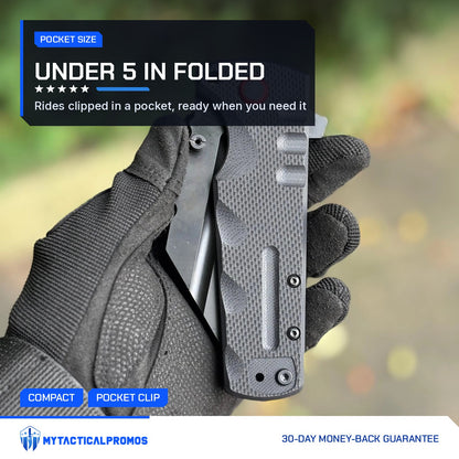 Black Vantage Knife folded in a gloved hand, under 5 inches closed