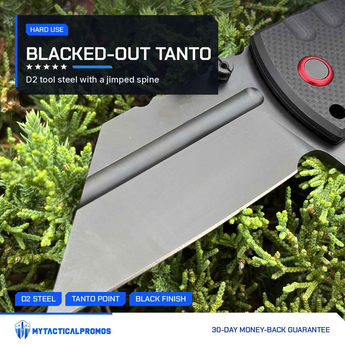 Black Vantage Knife close-up of the blacked-out D2 steel tanto point and jimped spine