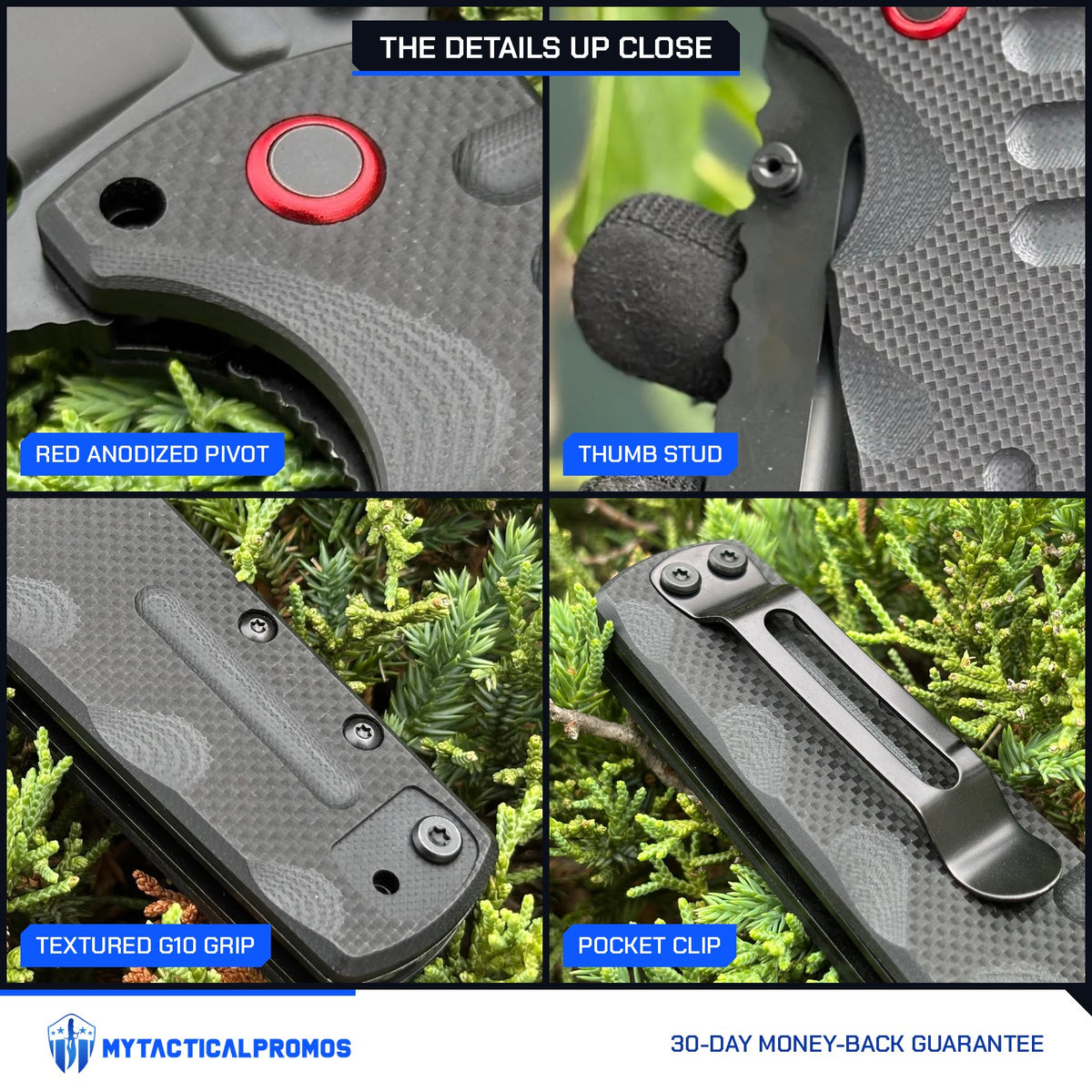 Black Vantage Knife close-ups: red anodized pivot, thumb stud, textured G10 grip, pocket clip
