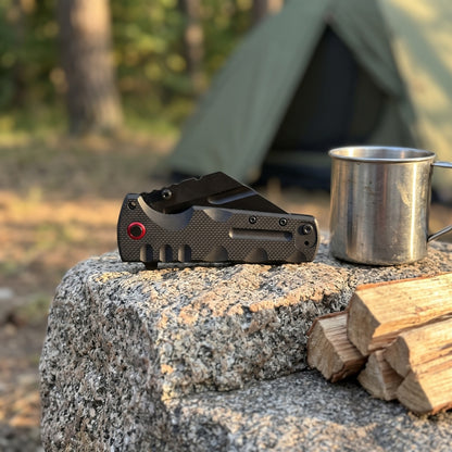 Black Vantage Knife folded on a rock at a campsite next to a camp mug and firewood