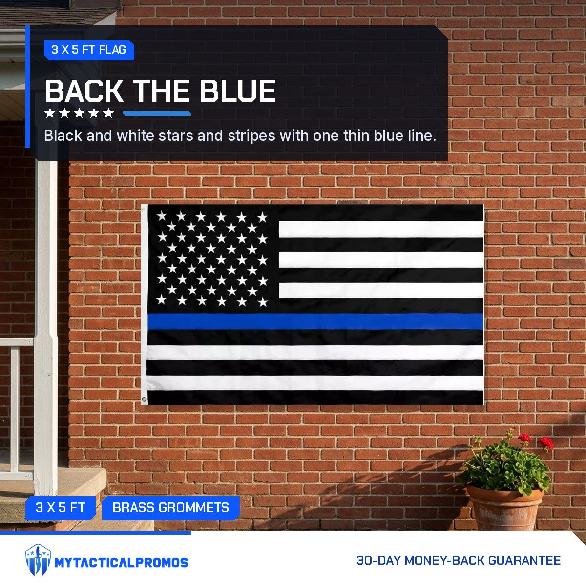 Thin Blue Line Flag hung on a red brick house wall by the porch