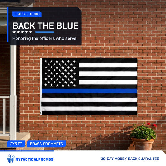 Thin Blue Line Flag hung on a red brick house wall