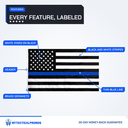 Thin Blue Line Flag features labeled: white stars on black, thin blue line stripe, black and white stripes, brass grommets, header