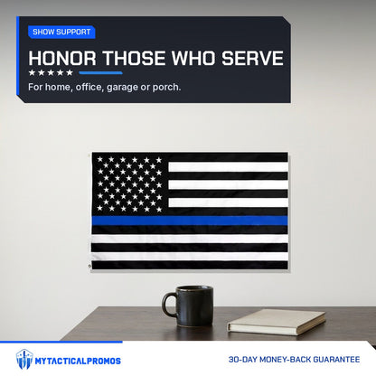 Thin Blue Line Flag on a home office wall above a desk