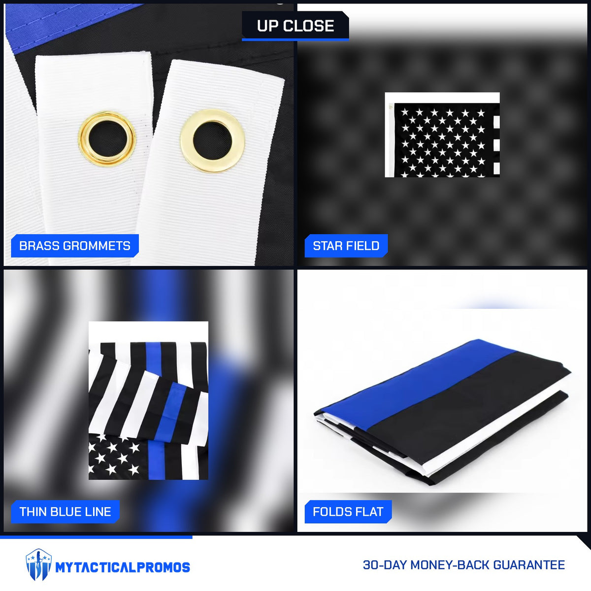 Thin Blue Line Flag close-ups: brass grommets, star field, thin blue line, folded flag