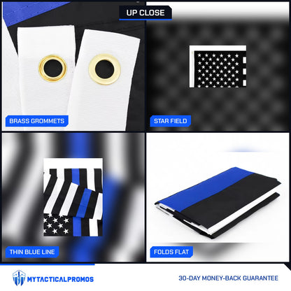 Thin Blue Line Flag close-ups: brass grommets, star field, thin blue line, folded flag