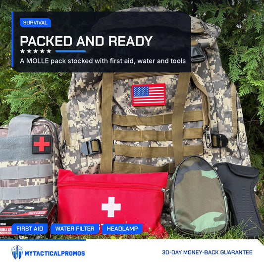 Bugout Backpack in digital camo with first aid pouches outdoors
