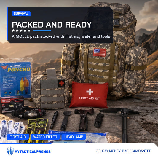Bugout Backpack in digital camo with its survival kit laid out on a mountain ledge at sunset