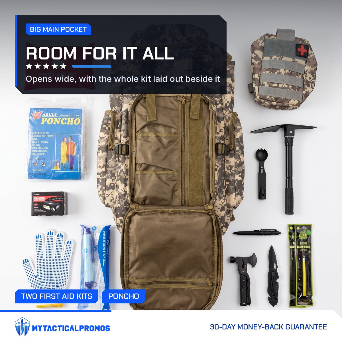 Bugout Backpack opened wide with the full survival kit laid out beside it