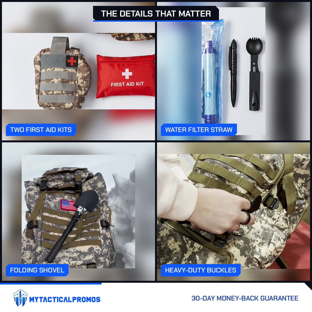 Bugout Backpack close-ups: two first aid kits, water filter straw, folding shovel, heavy-duty buckles