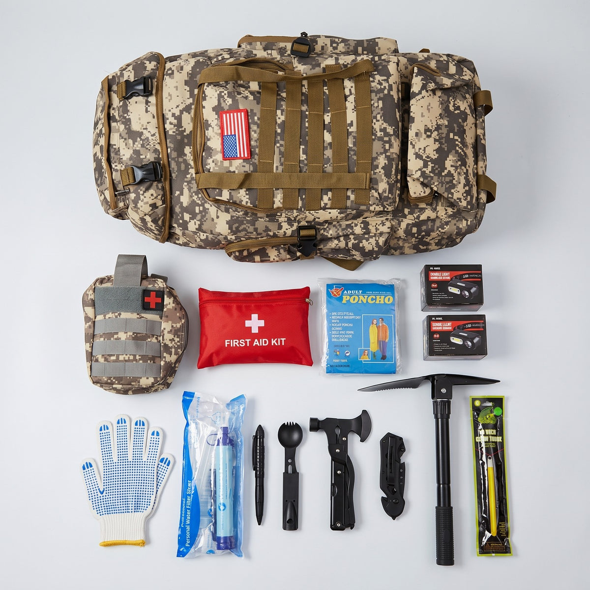 Bugout Backpack full kit contents: first aid kits, poncho, headlamps, gloves, water filter straw, tools, shovel and glow stick