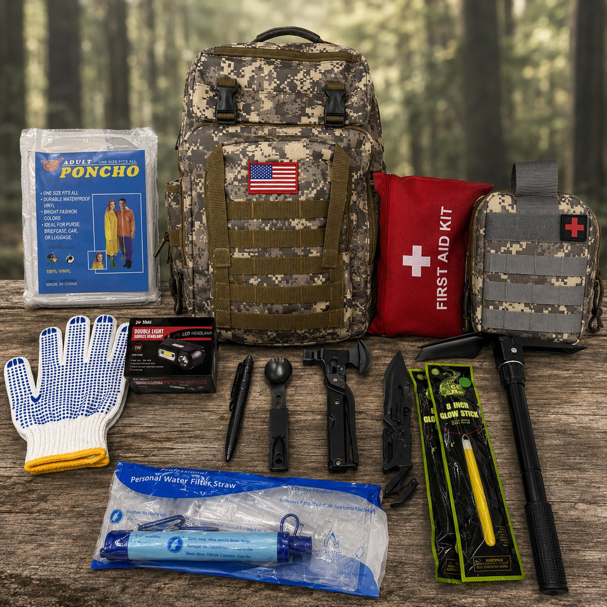 Bugout Backpack with its survival kit on a wooden table in the forest