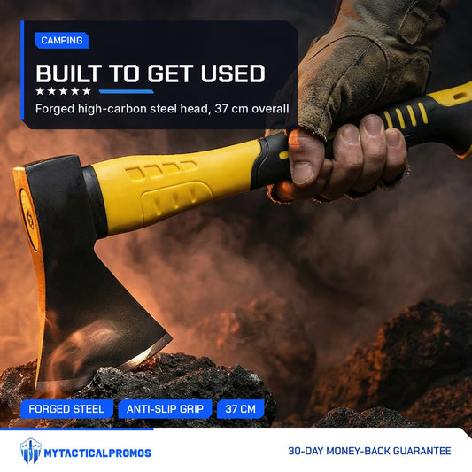 Camping Hatchet gripped in a gloved hand at a smoky campfire