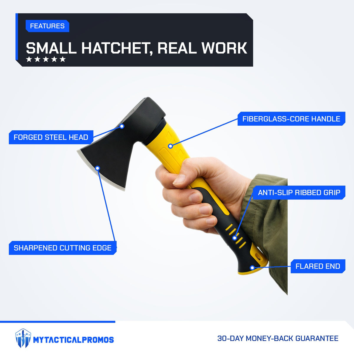 Camping Hatchet features labeled: forged steel head, sharpened cutting edge, fiberglass-core handle, anti-slip ribbed grip, flared end