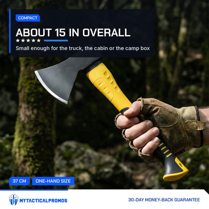 Camping Hatchet held in a gloved hand in the forest, about 15 inches overall