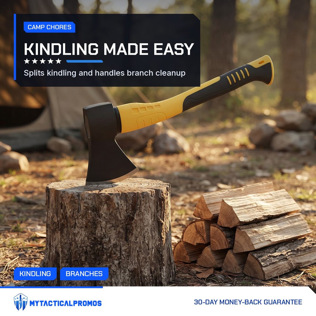 Camping Hatchet set in a stump beside split kindling at camp