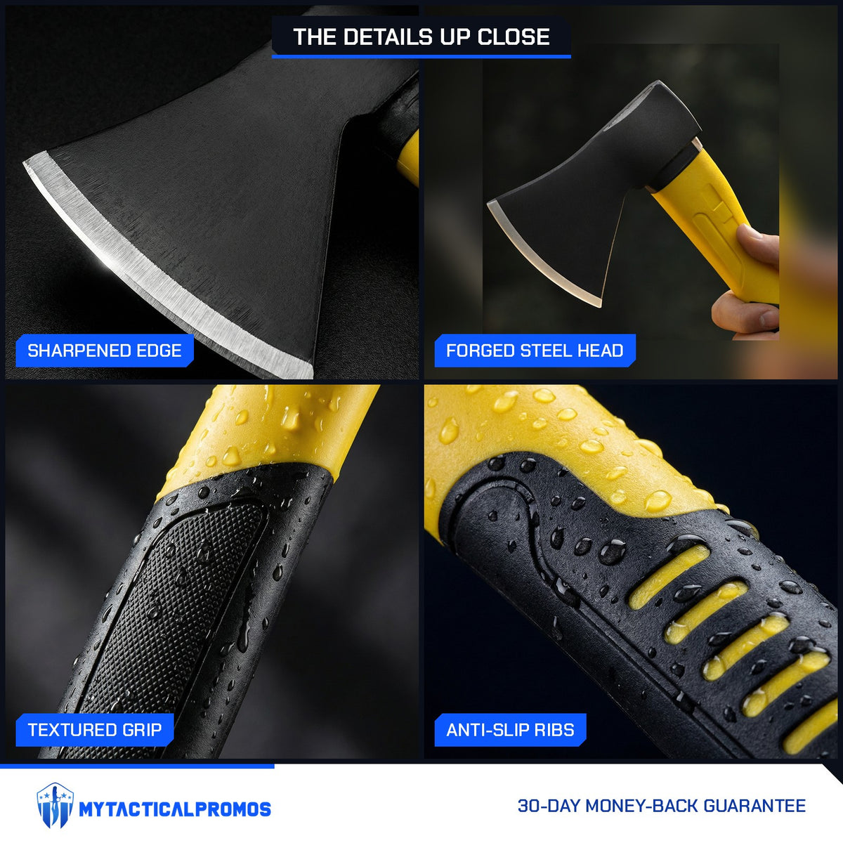 Camping Hatchet close-ups: sharpened edge, forged steel head, textured grip, anti-slip ribs
