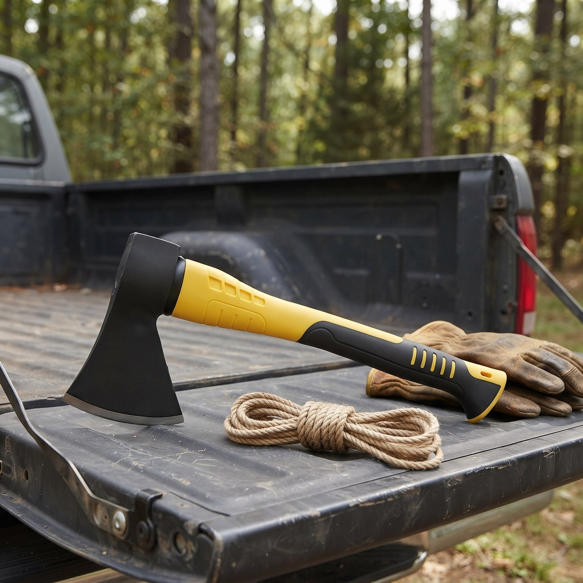 Camping Hatchet on a pickup tailgate with rope and work gloves