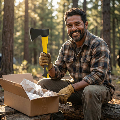 Man holding the Camping Hatchet next to its shipping box outdoors