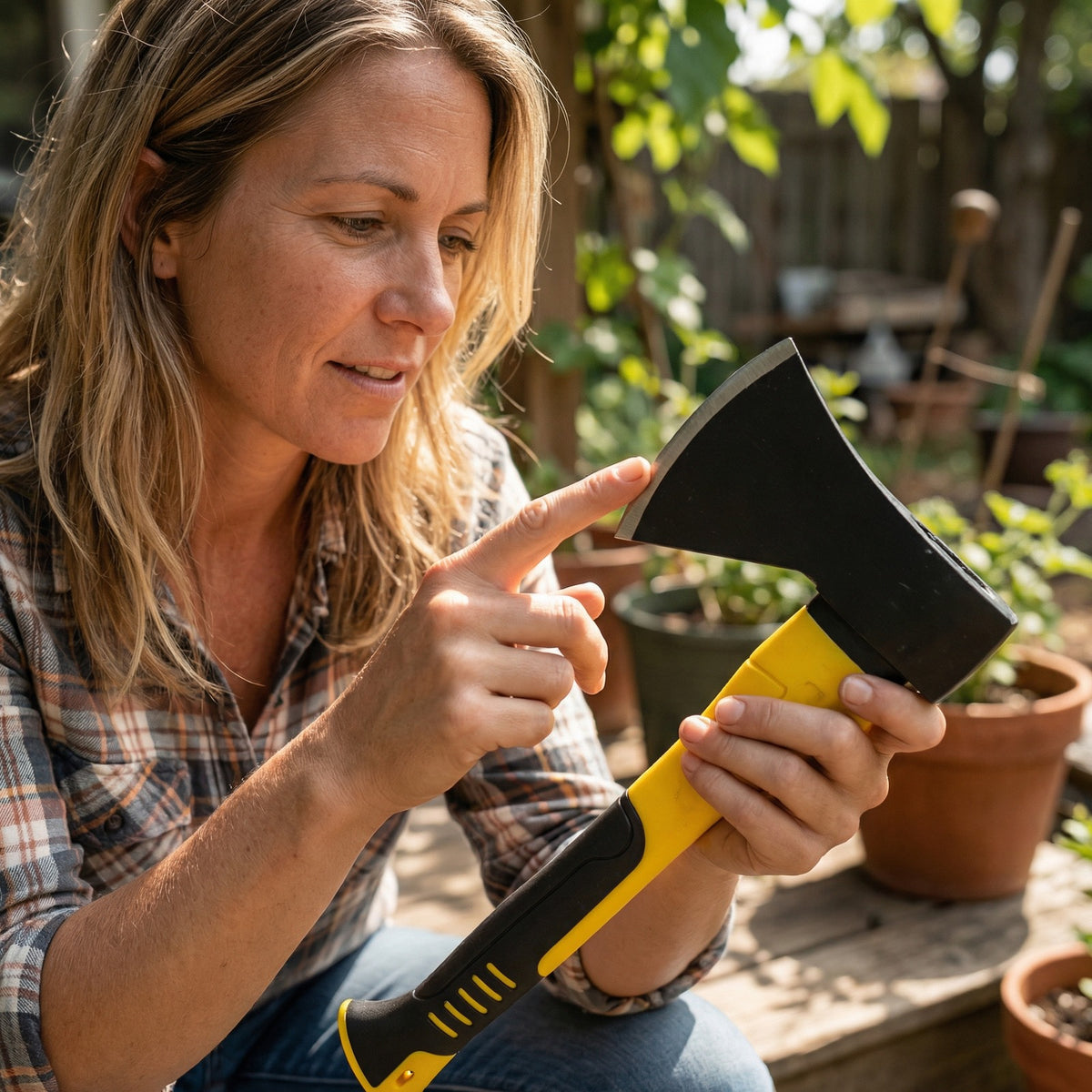 Woman checking the Camping Hatchet head in her backyard garden