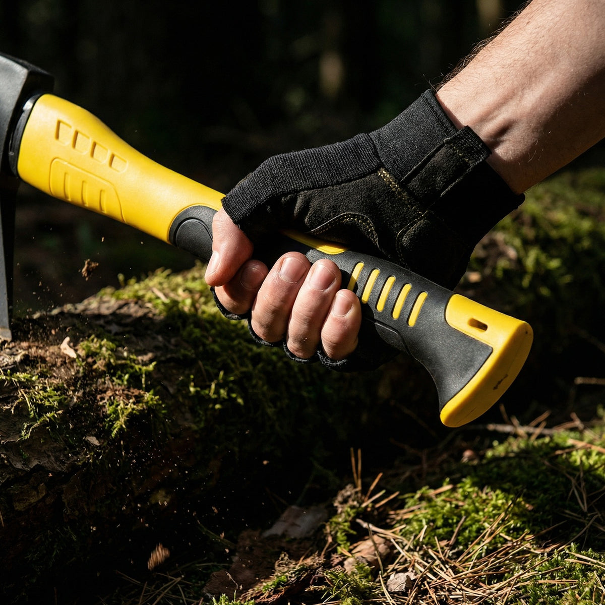 Gloved hand gripping the Camping Hatchet handle on a mossy log