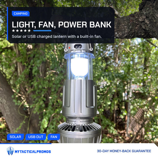 Solar Camping Lantern hanging from a tree branch, lit