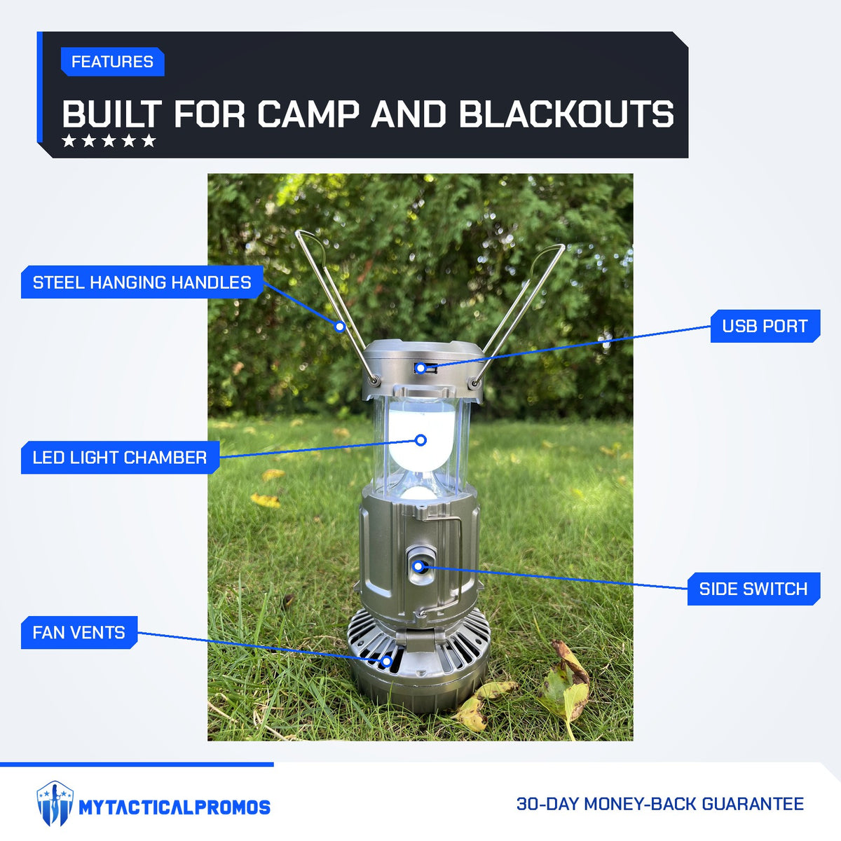 Solar Camping Lantern features labeled: steel hanging handles, USB port, LED light chamber, side switch, fan vents