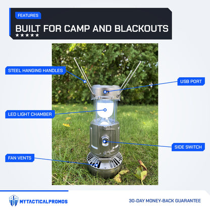 Solar Camping Lantern features labeled: steel hanging handles, USB port, LED light chamber, side switch, fan vents