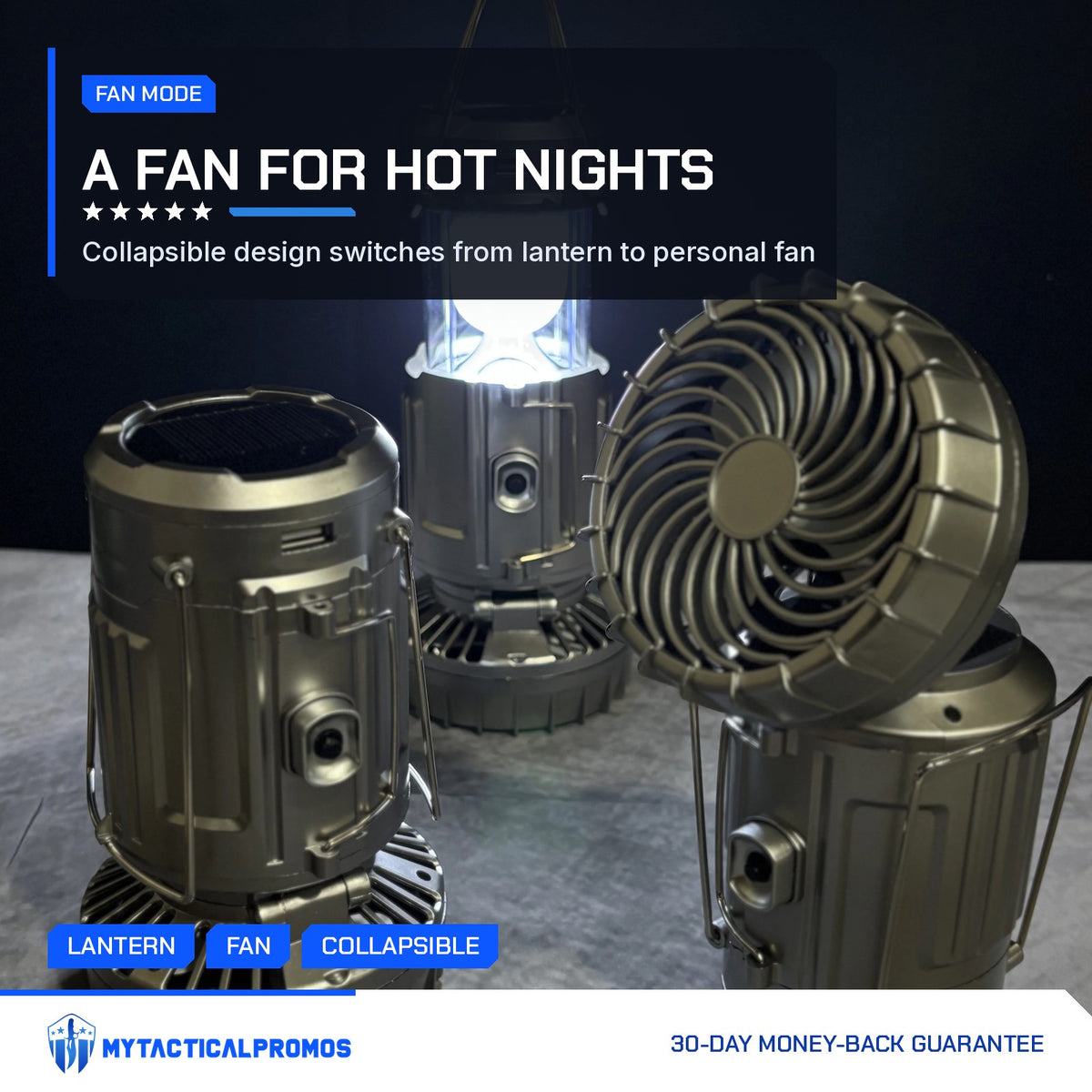 Solar Camping Lantern shown three ways: collapsed with solar top, lit as a lantern, and with the fan opened