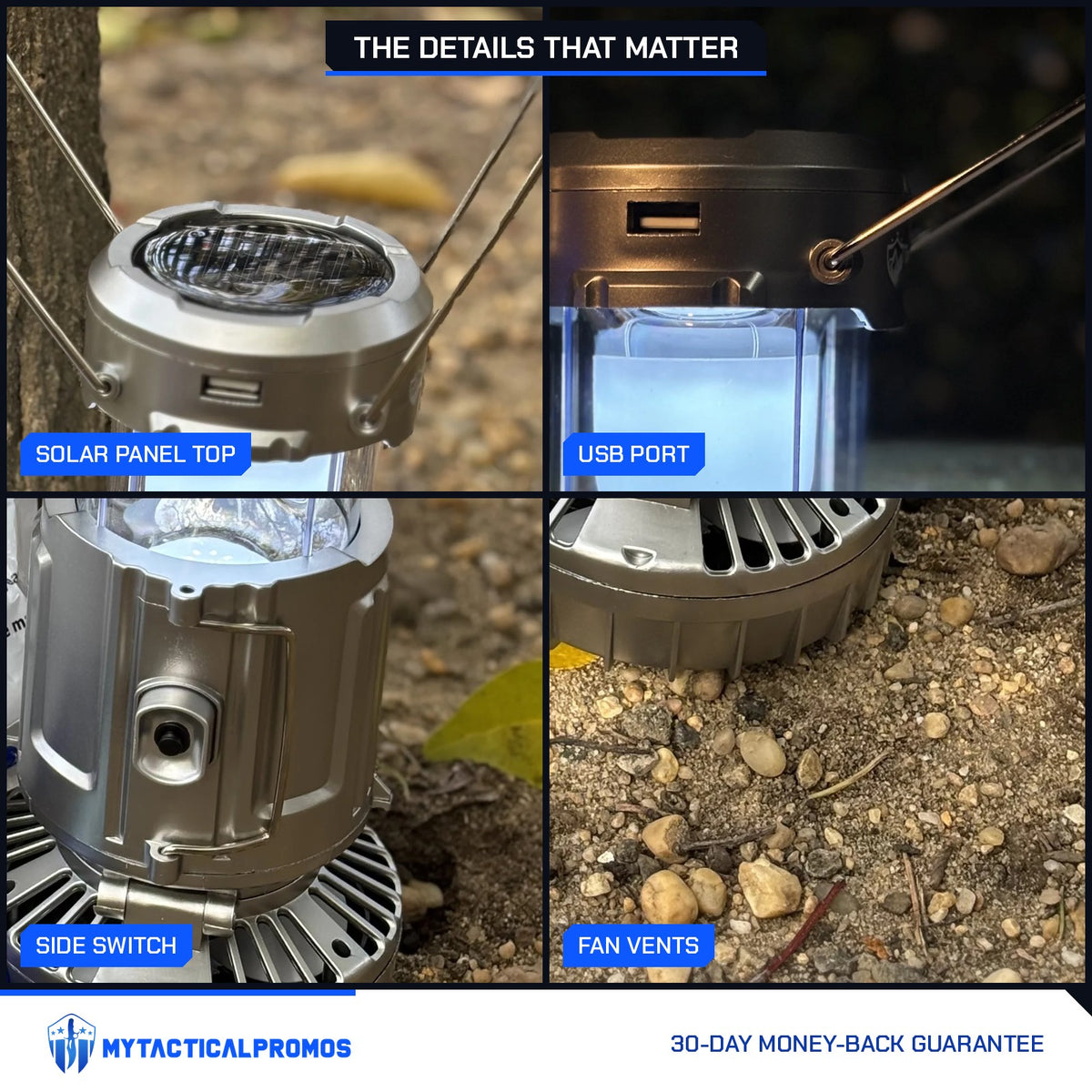 Solar Camping Lantern close-ups: solar panel top, USB port, side switch, fan vents
